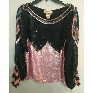 Neiman Marcus Sequence Beaded 100% Pure Silk Puff Sleeve Blouse Feminine Vintage